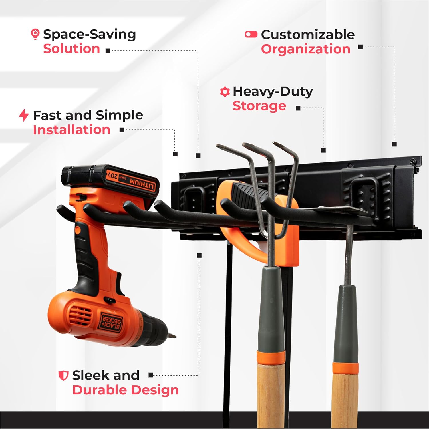 TIDYME Garage Tool Organizer - Sturdy 48-Inch Wall Mount Rack with Adjustable Hooks | 300lbs Capacity