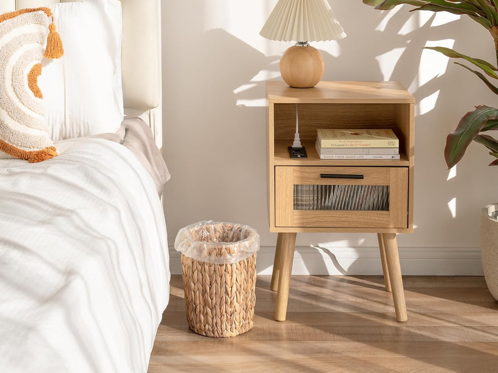 StorageWorks Wicker Waste Basket - Small Round Trash Can for Bathroom & Office | Water Hyacinth Design