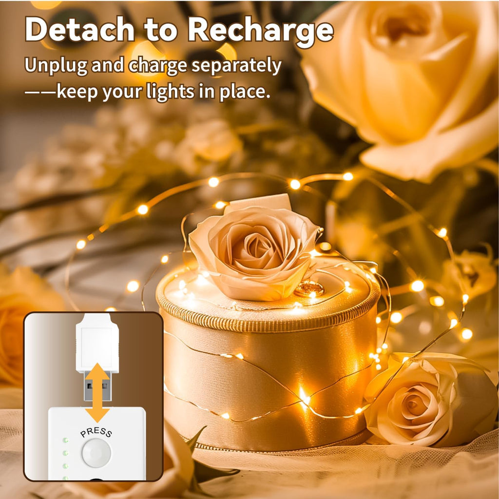 ZSJWL Rechargeable Fairy Lights - 16FT 50LED String Lights with DIY Timer & 8 Modes | Warm White Indoor Decor