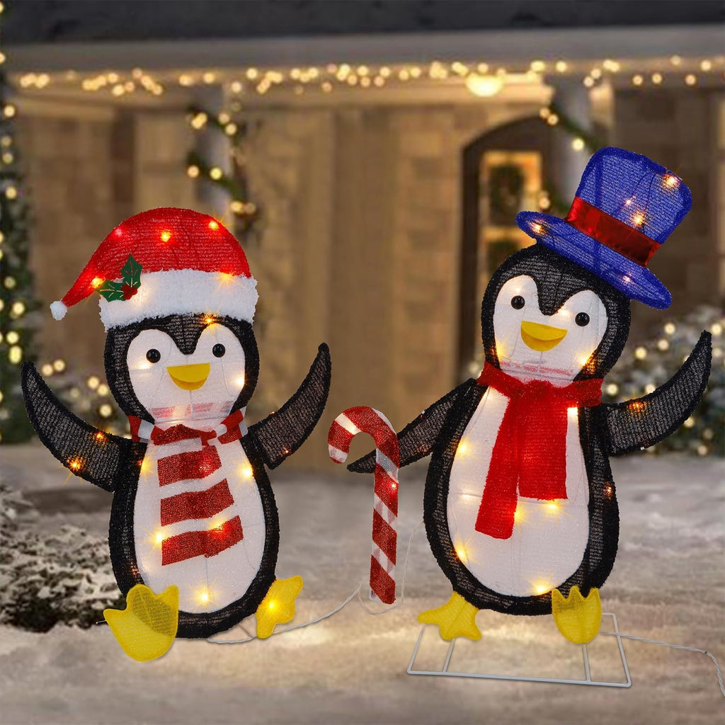 Waterglide Lighted Christmas Tinsel Penguins - Pre-Lit 2D Stacked Design for Indoor/Outdoor Holiday Decor