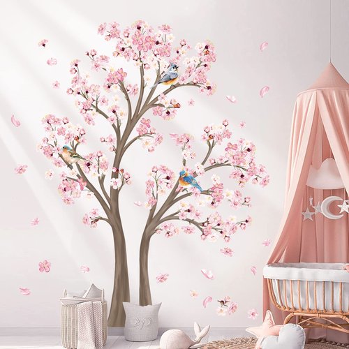 Decalmile Large Cherry Blossom Tree Wall Decals Pink Flower Branch Wall Stickers for Living Room Bedroom Baby Nursery Decor (Tree H: 67 Inch)