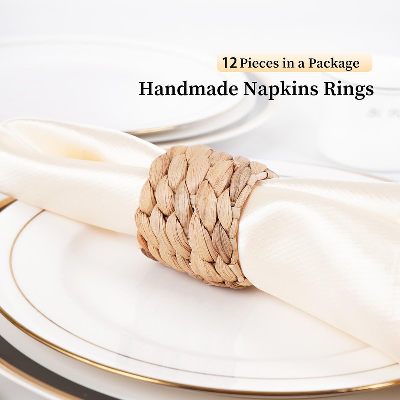 WOHIWO Napkin Rings Set of 12, Farmhouse Table Decor Handmade by Natural Water Hyacinth, Fall Rustic for Thanksgiving, Christmas, Wedding Table Dinnerware Decoration Set