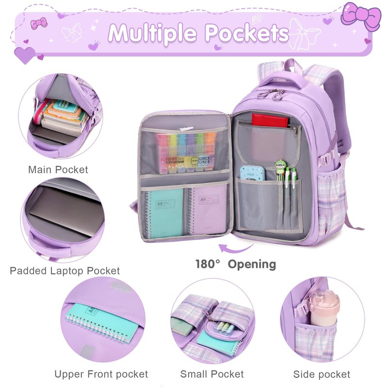 ACESAK Backpack for Girls with Insulated Water Bottle, Bow Tie Plaid Bookbag for Girls Kids, 14oz Kids Water Bottle Stainless Steel, Lunch Bag & Pencial Case, Back To School Gift (Purple)