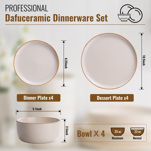 Dafuceramic Dinnerware Sets for 4,Plates and Bowls Sets,Handmade Reactive Glaze Dishes Set,Chip and Scratch Resistant Dishwasher Microwave Safe (Mocha White)