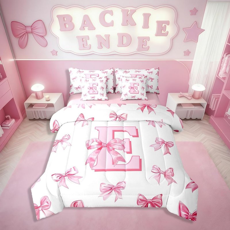 Erosebridal Dreamy Princess Bowknot Girls Bedding Set Kids Pink Initial Letter E Bed in A Bag with Sheets Cute Kawaii Letter Bow Twin Comforter Set 7 Piece Romantic Chic Bowknot Bed Set Room Decor