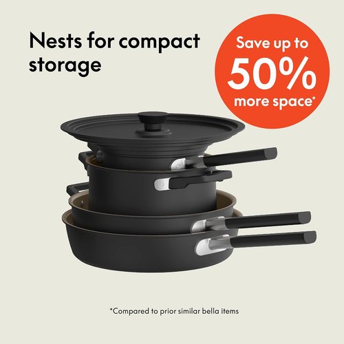 Bella 9-Piece Ceramic Nonstick Cookware Set - Dishwasher & Oven Safe, Stackable Design, Black
