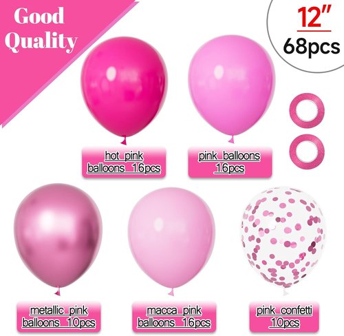68Pcs Pink Balloons Kit - 12 Inch Metallic & Confetti Balloons | Perfect for Birthday, Wedding & Baby Showers