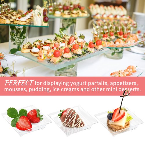 Qeirudu 100 Pack 1 oz Mini Dessert Plates - Small Plastic Appetizer Plates with Spoons Reusable Square Individual Serving Trays for Hors D'oeuvres