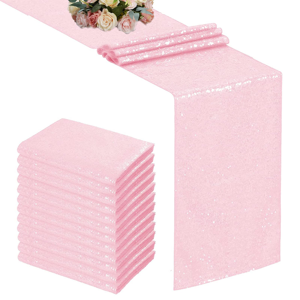 WISPET Pink Sequin Table Runner 12 X 108 Inch Pack of 12 Sequin Rectangle Table Runner Glitter Table Runner for Party Decor Graduation Party Supplies Decorations Wedding, Birthday