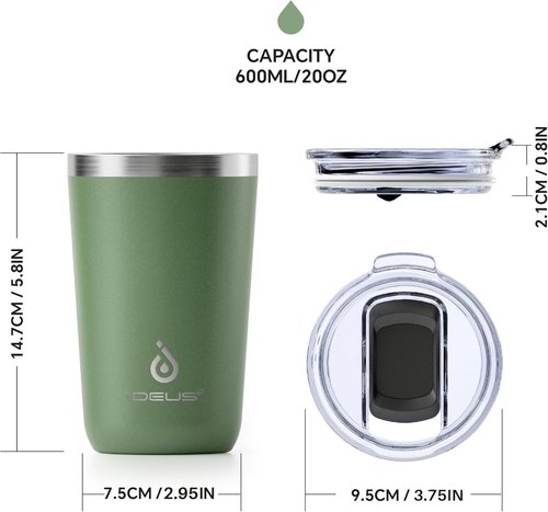 Ideus 20 oz Tumbler - Double Wall Stainless Steel Travel Coffee Mug with Splash Proof Lid | Avocado Green