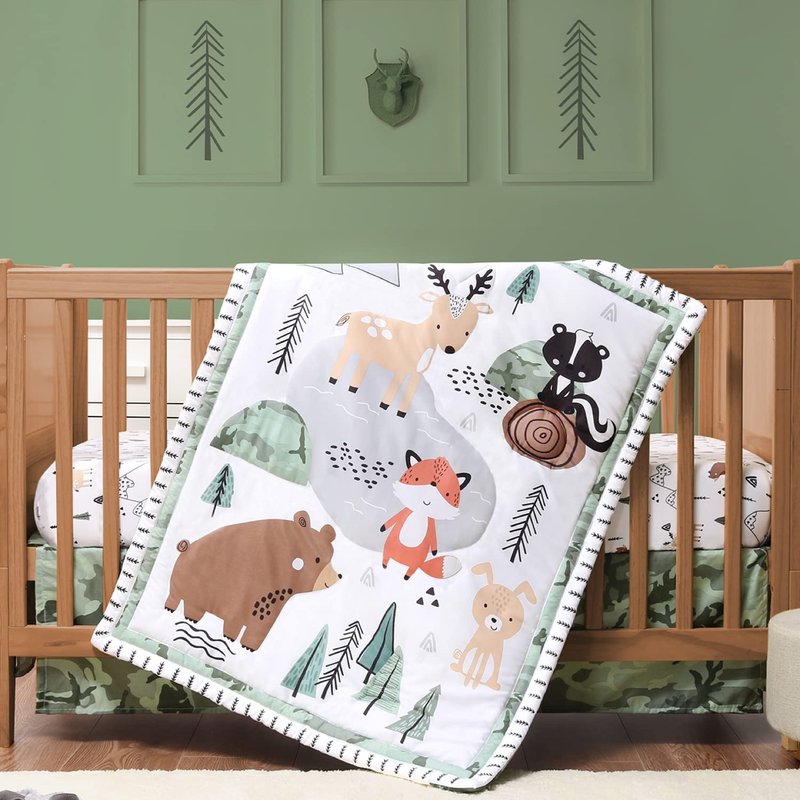 The Peanutshell 3 Piece Baby Crib Bedding Set for Boys - Newborn, Infant & Toddler Nursery Bed Set Decor with Fitted Crib Sheet, Dust Ruffle, Crib Comforter - Woodland Camo