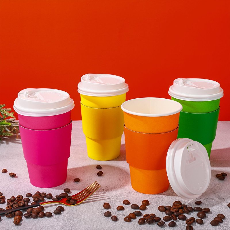 Whaline 100Pcs Neon Color Disposable Coffee Cups with Lids and Sleeves Fluorescent Paper Cups 4 Colors Drinking Cup for Home Restaurant Party Supplies