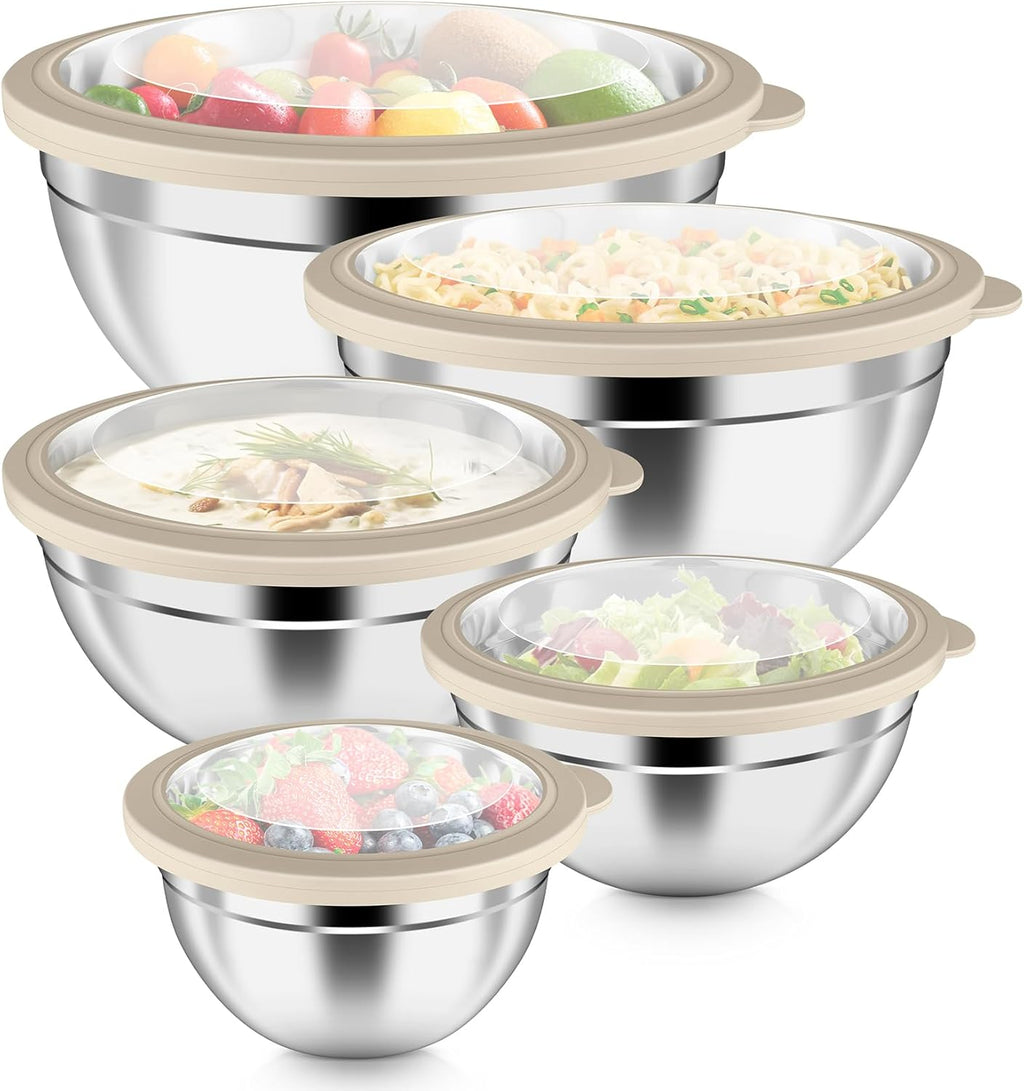 P&P CHEF Stainless Steel Mixing Bowls Set - 10-Piece with Airtight Lids for Kitchen Prep | Sizes 4.6QT to 0.7QT, Khaki