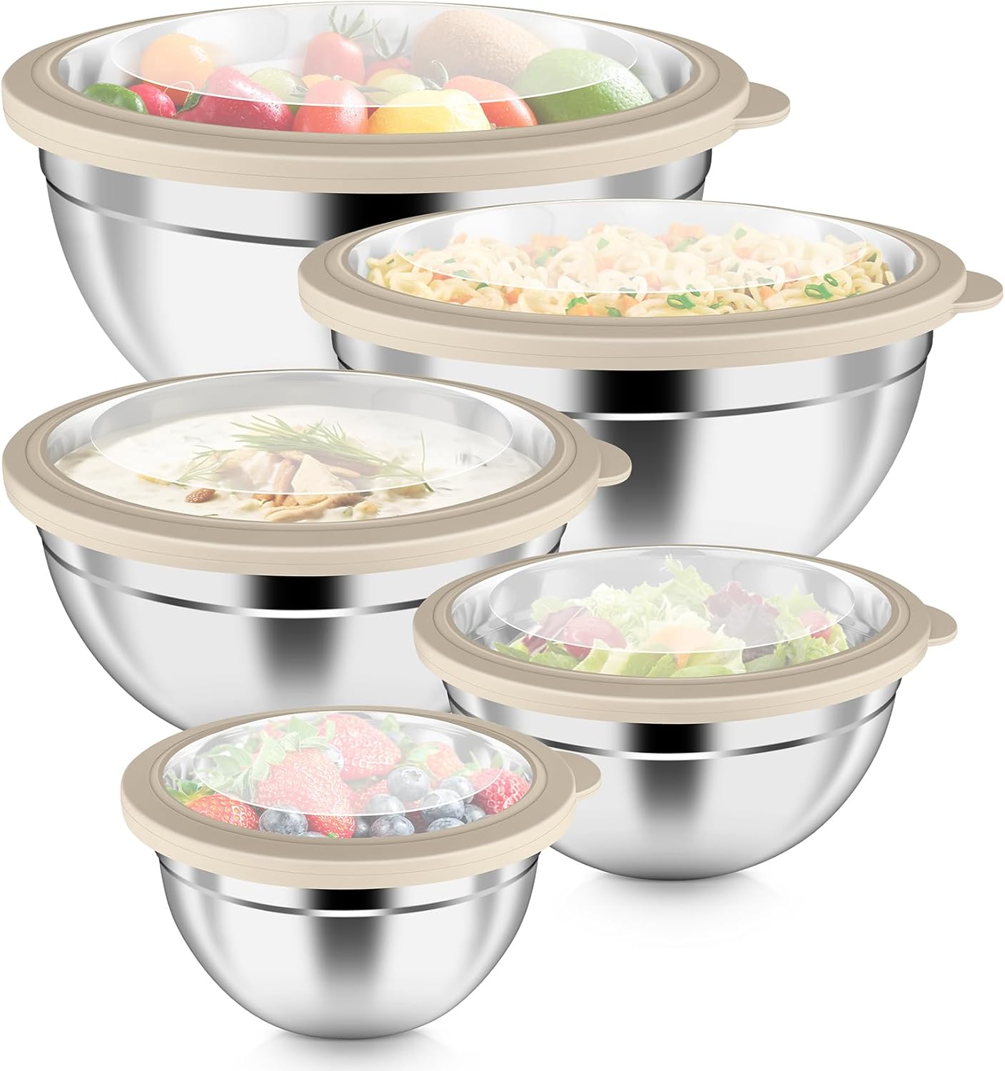 P&P CHEF Stainless Steel Mixing Bowls Set - 10-Piece with Airtight Lids for Kitchen Prep | Sizes 4.6QT to 0.7QT, Khaki