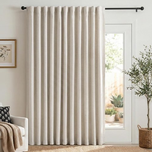 100% Blackout Shield Linen Blackout Sliding Door Curtains - Thermal Insulated, 100" W x 84" L, Cream