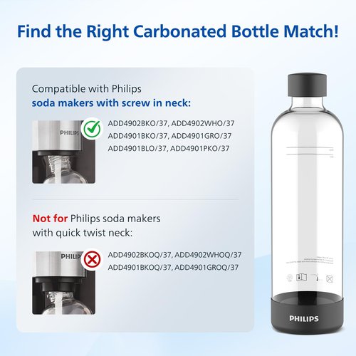 PHILIPS Carbonating Bottles ADD910BKO/37, 1L Reusable PET Sparkling Water Bottles Compatible Soda Maker for ADD4902BKO/37, ADD4902WHO/37 and ADD4901GRO/37, ADD4901BKO/37, ADD4901BLO/37, ADD4901PKO/37