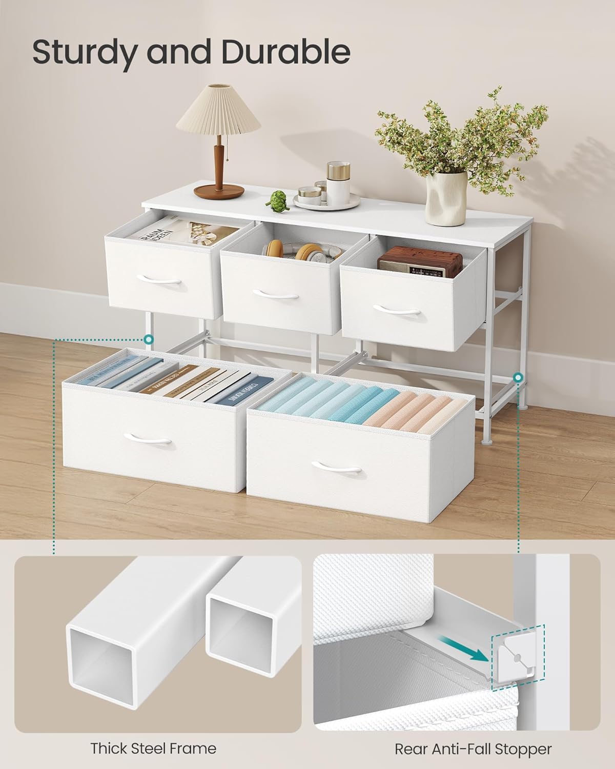 SONGMICS Dresser - 5-Drawer Storage Organizer Unit in Cloud White & Snow White | Stylish Bedroom Chest