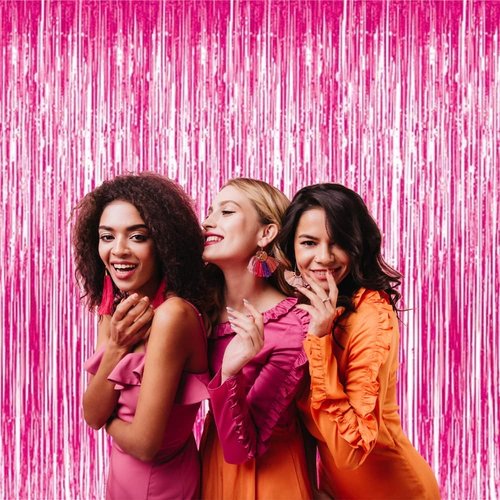 GOER Metallic Tinsel Foil Fringe Curtains - 3.2 ft x 8.2 ft Hot Pink Party Backdrop for Celebrations