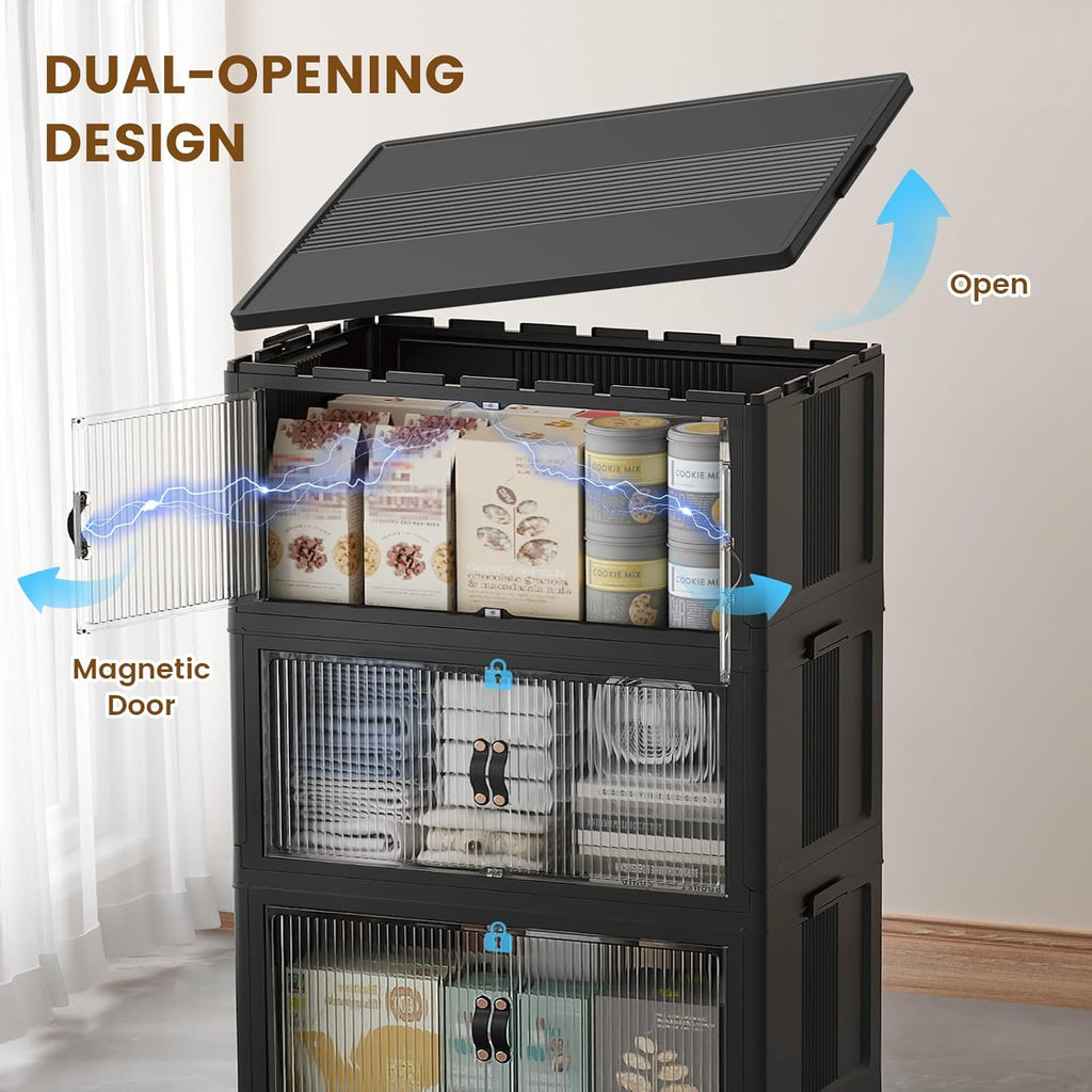 SAILUN Stackable Storage Bins - 26 Gal/105 Qt Folding Organizers with Lid | Black, 18" W x 11" D x 32" H