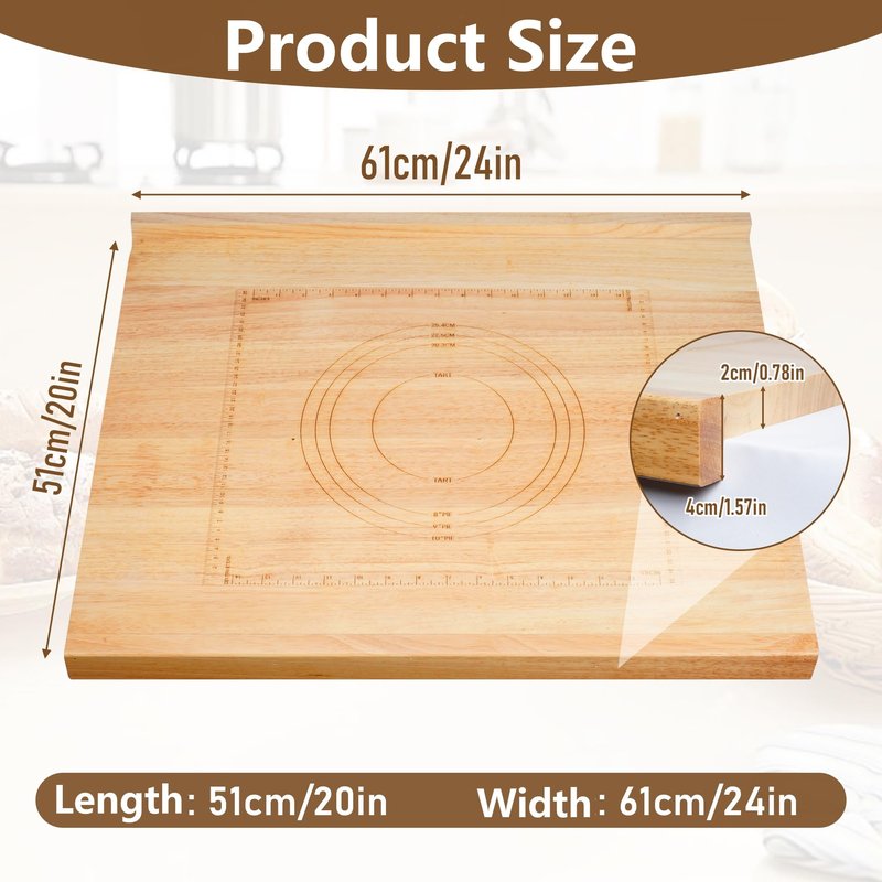 Qriocioa Reversible Wooden Pastry Board 24’’ x 20’’ Kneading Board for Rolling Dough Bread Cutting Board with Lip Pastry Baking Board with Engraved Ruler & Pie Board Template for Counter Top Kitchen