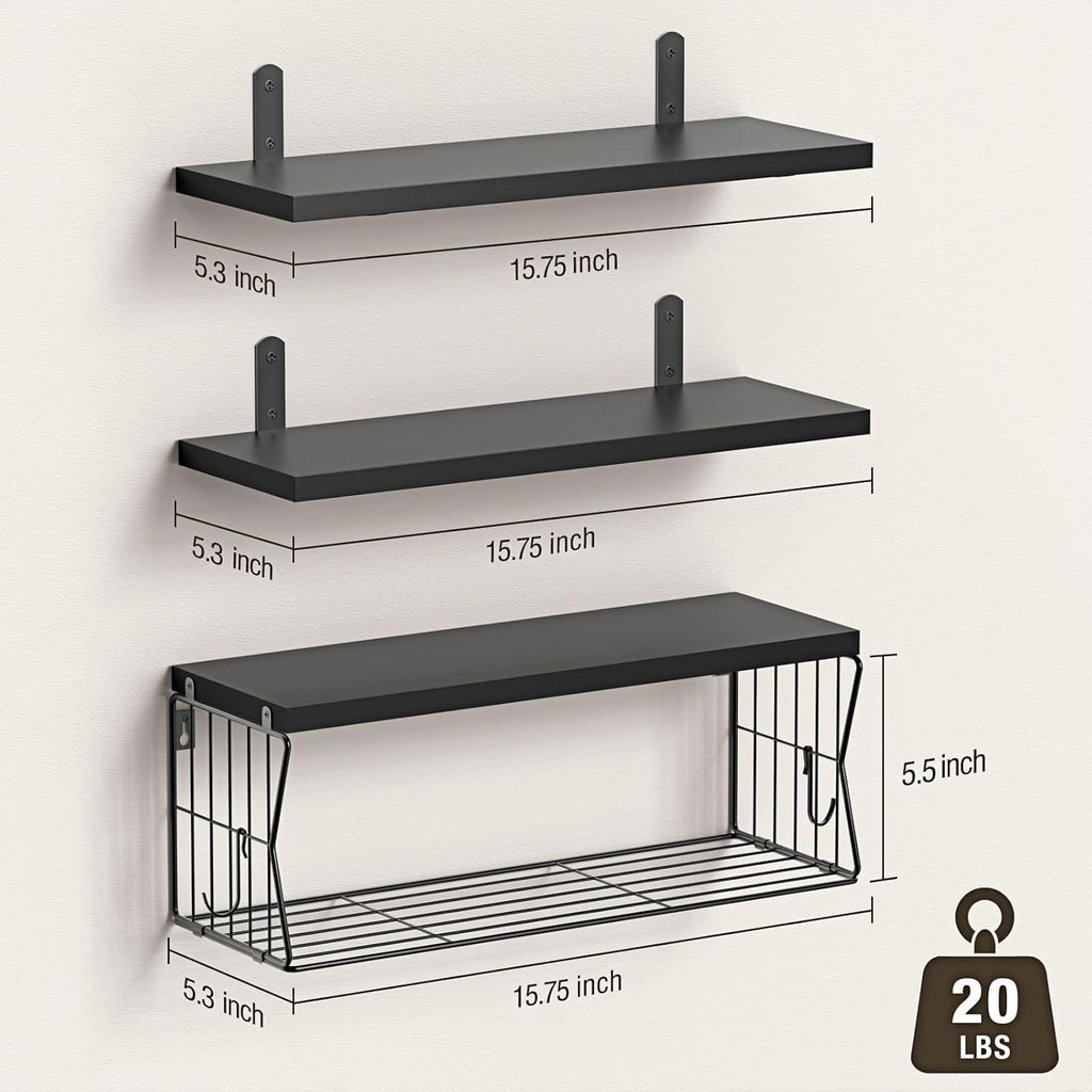 Regine Switzerland Floating Bathroom Shelves - Set of 3 Wall-Mounted Wooden Shelves for Modern Decor - Ideal Over Toilet Storage in Black
