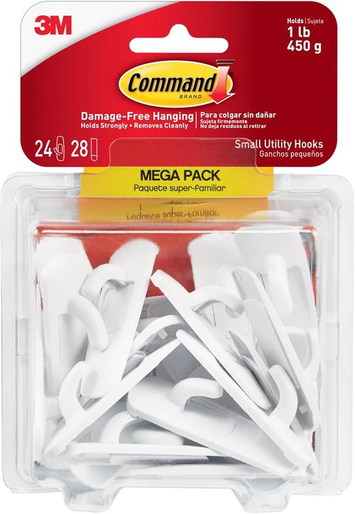 Command Small Utility Hooks - Damage-Free Adhesive Wall Hooks for Easy Organization | 24 Hooks & 28 Strips, Holds Up to 1 lb