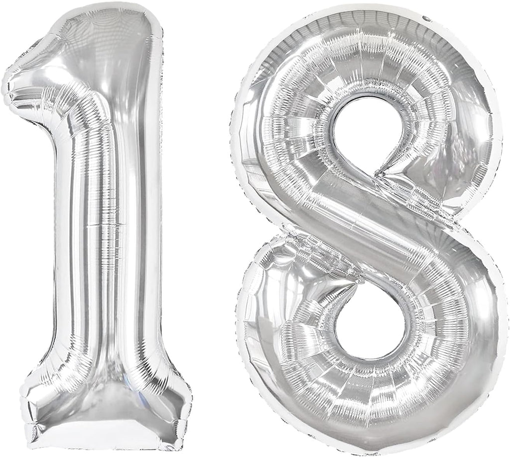 Silver Number 18 Balloon - 40 Inch Metallic 18th Birthday Decoration for Kids & Adults