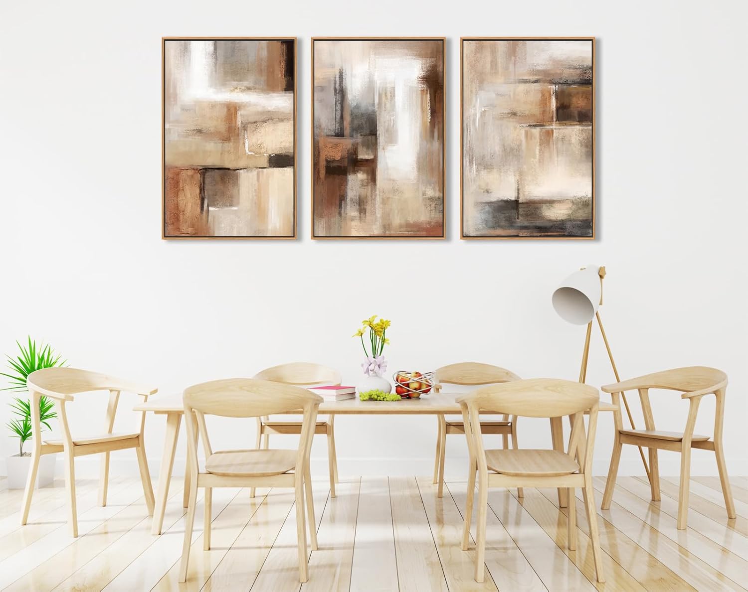 Natural Float Framed Canvas Wall Art by Large Framed | Brown Abstract Paintings for Living Room Decor - Set of 3, 48" X 24"