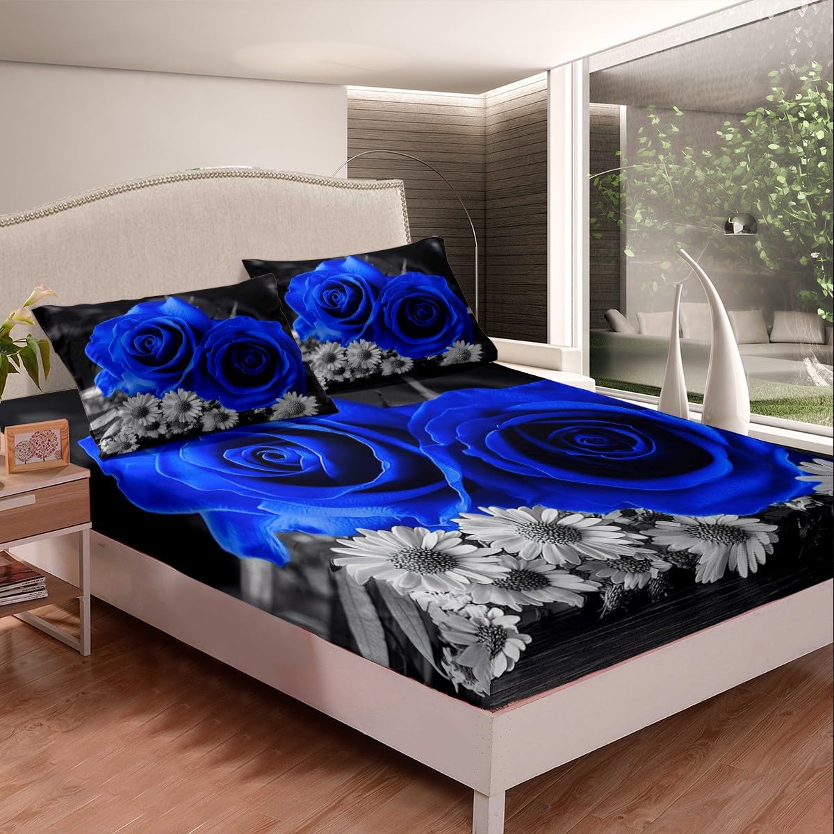 Feelyou Rose Flowers Bed Sheets Set Kids Botanical Rose Floral Sheet Set Boys Girls Decor Garden Flower Sheets with Deep Pocket Fitted Sheet Valentine's Day Blue Bedding Set Bedroom Queen Size