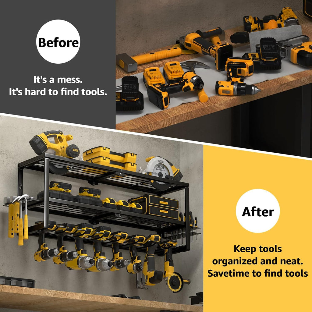 YYR Heavy Duty Power Tool Organizer - Wall Mount Cordless Drill Hanger & Charging Station | 32 Inch, 8 Slots for Garage & Workshop