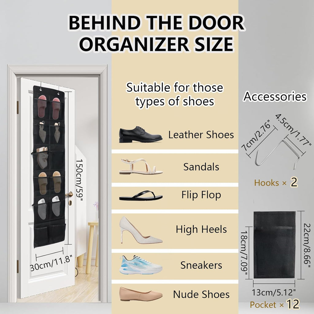 Over The Door Shoe Organizer - 12 Mesh Pockets With 4 Metal Hooks | Space-Saving Black Design