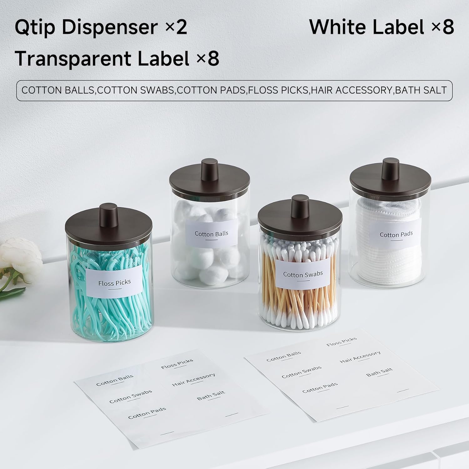 TIPGO Glass Qtip Holder Dispenser - 10 oz Clear Apothecary Jar for Cotton Swabs & Makeup Storage | 2 Pack, Brown