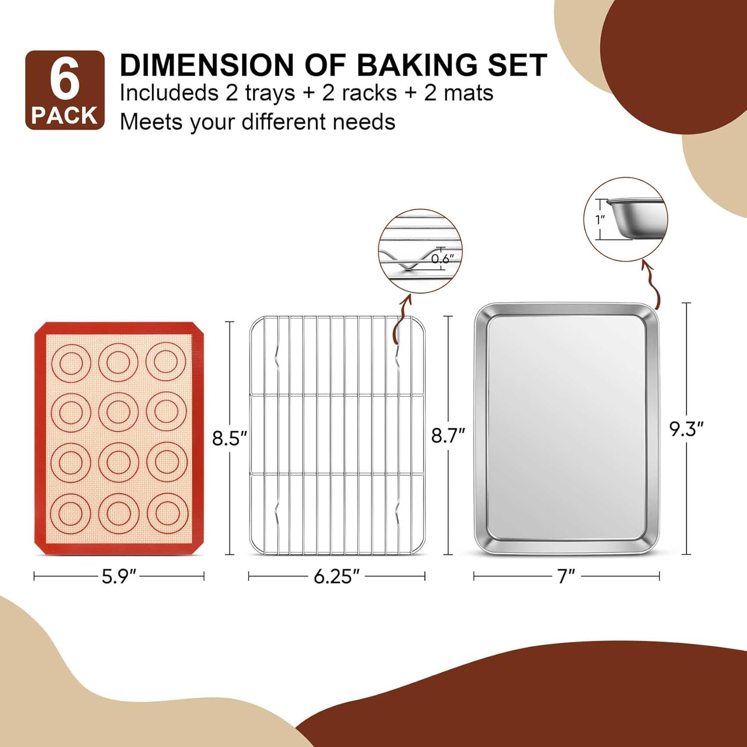 TeamFar Stainless Steel Toaster Oven Tray Set - 9.3-Inch Baking Sheets with Cooling Racks & Silicone Mats - Non-Toxic & Easy to Clean