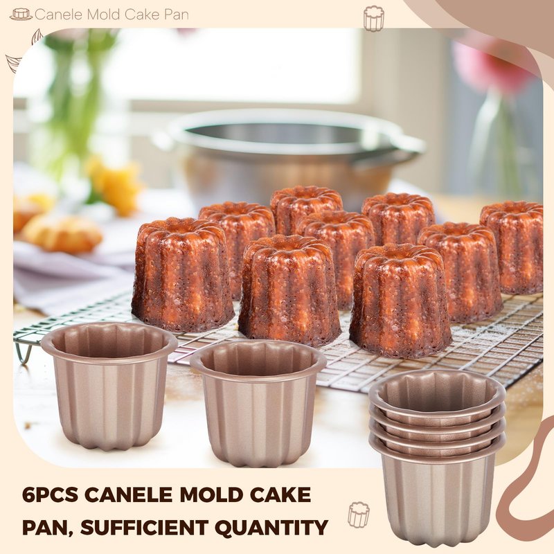 Blushtier 6 Pcs Canele Mold Cake Pan Non Stick small Copper Color Canele Molds Muffin Bakeware Cupcake Pan 2.8 Inch Carbon Steel Pastry Mould Mini Cupcake Holders DIY Cake Muffin Oven Baking Tool