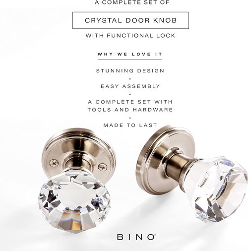 BINO Crystal Door Knobs Set - Elegant Satin Nickel Finish with Functional Design - Interior Decor