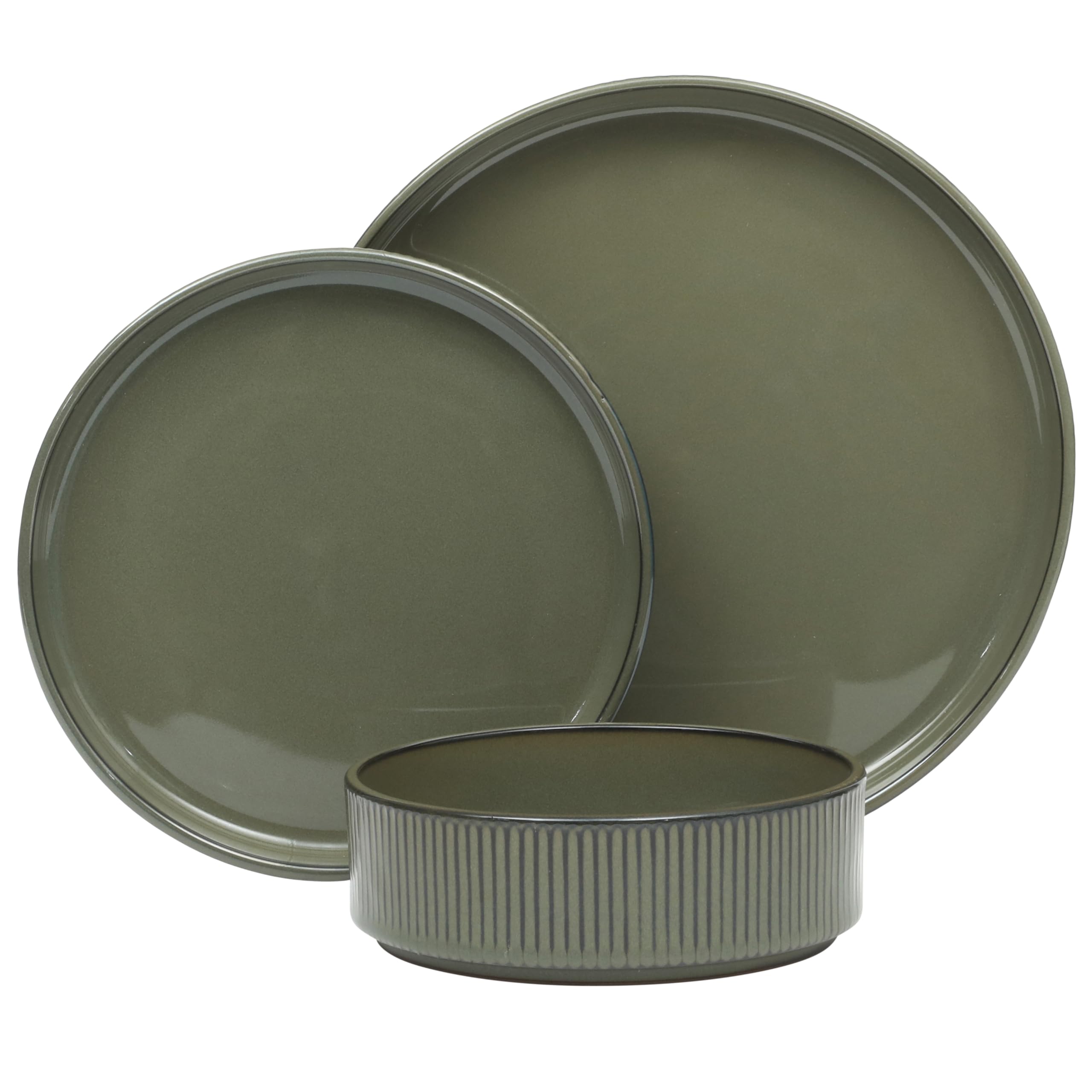 Gibson Elite 12 Piece (Service for 4) Townscape Plates and Bowls Reactive Glaze Embossed Round Dishes Terracotta Ceramic Dinnerware Set - Dark Green