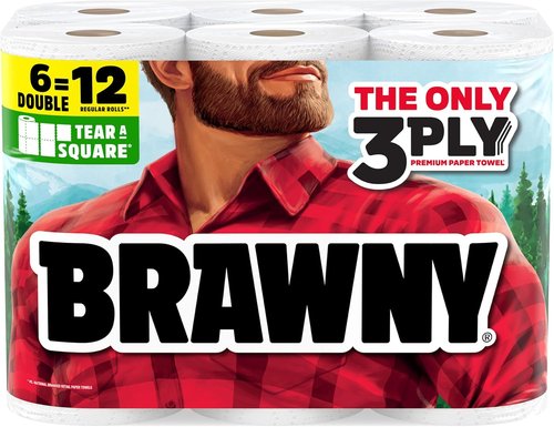 Brawny Tear-A-Square 3-Ply Paper Towels - 6 Double Rolls (12 Regular Rolls) | Convenient & Durable