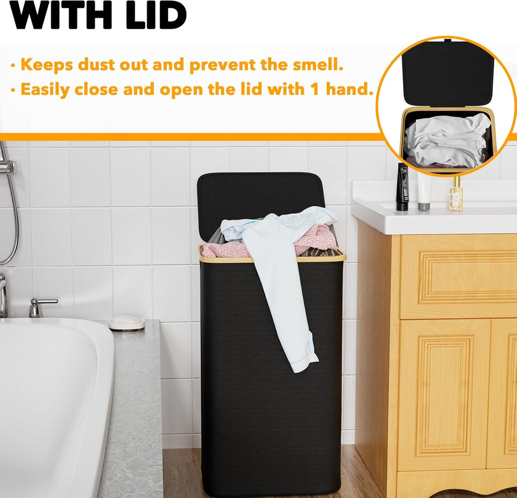 SpaceAid Laundry Hamper - 110L Tall Bin with Lid & Bamboo Handles | Collapsible for Bedroom & Bathroom - Black