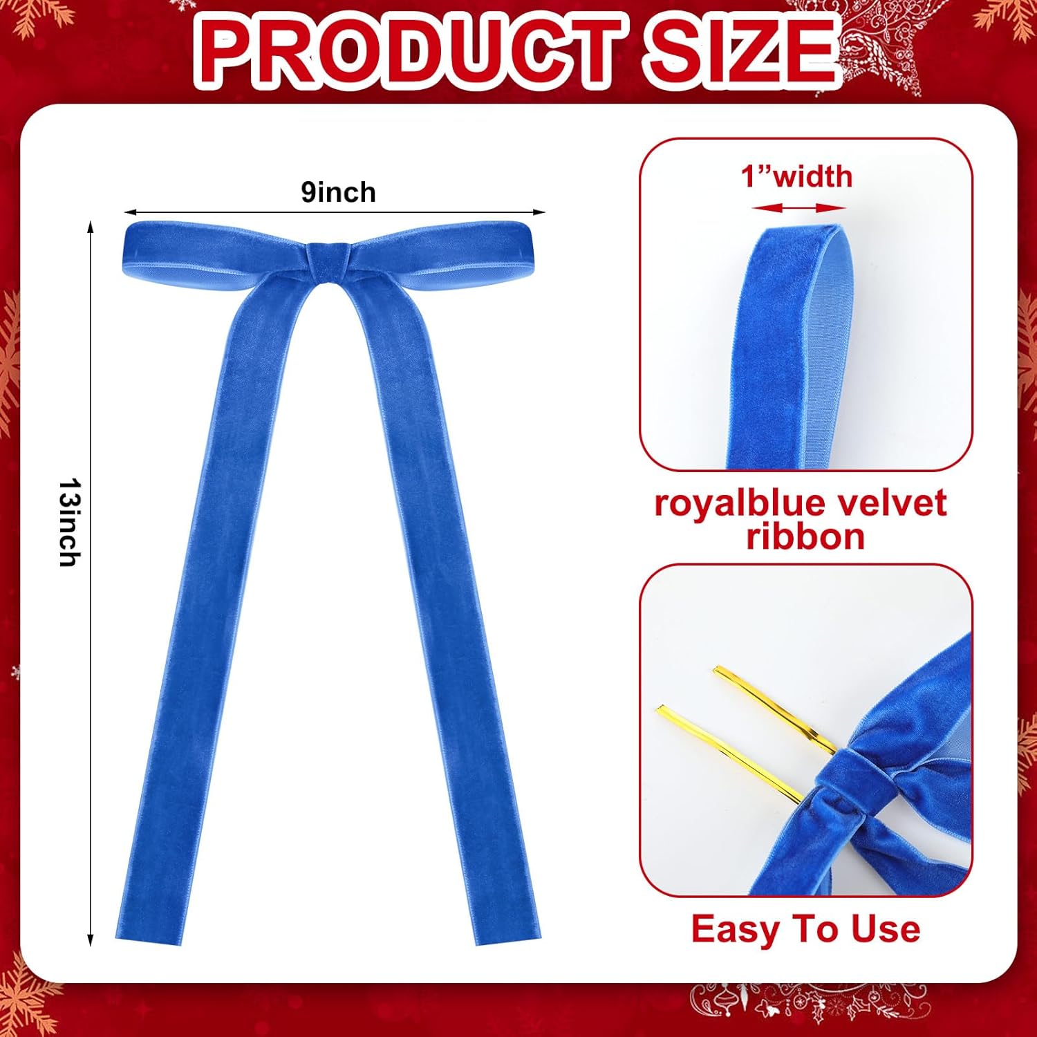 Royal Blue Velvet Bows - 24 Pcs Christmas Tree Ornaments | Valentine's Day Decor (9 x 13 Inch)