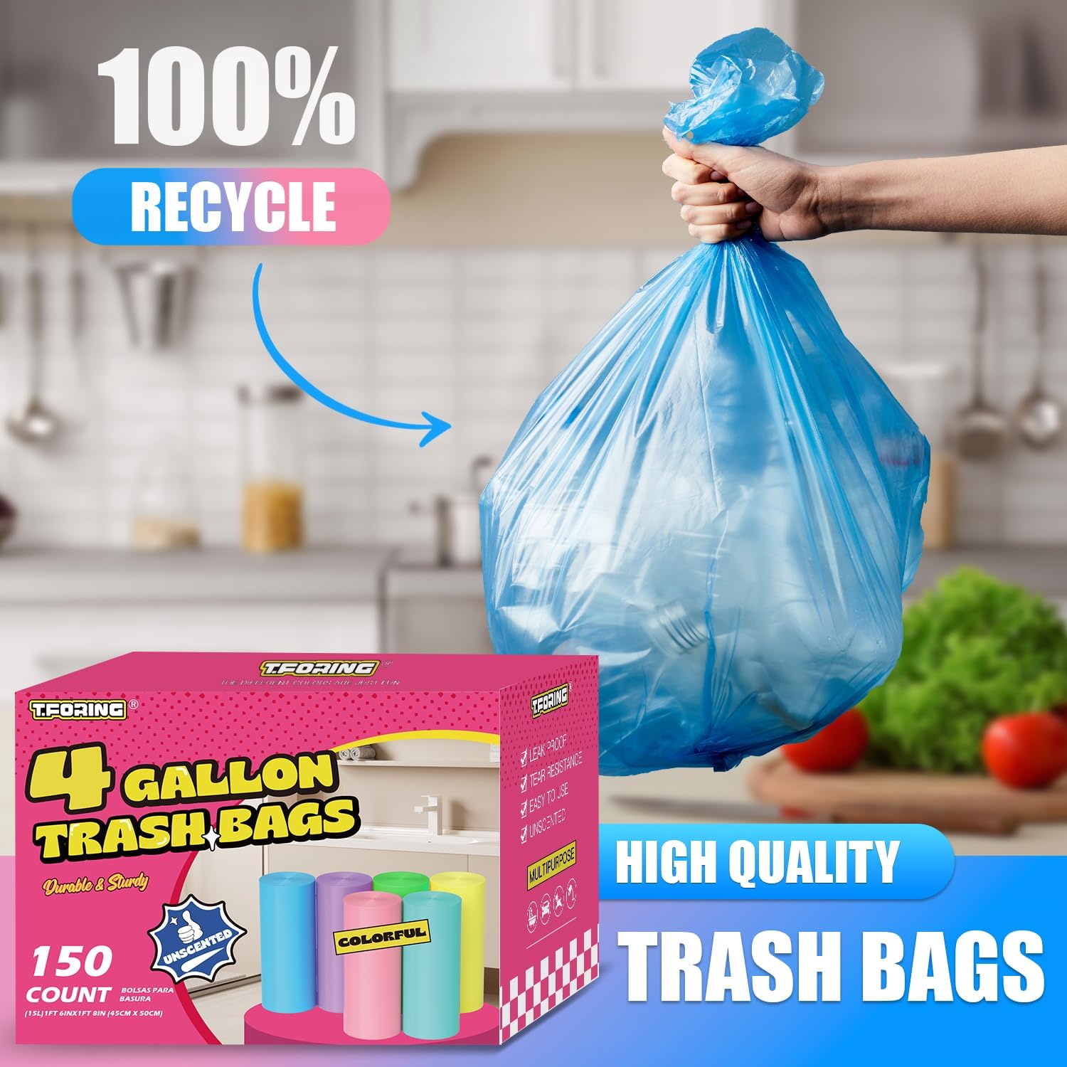 Skiennix 150 Count Small Trash Bags - Unscented Leak-Proof 4 Gallon Bathroom Can Liners | Ideal for Office & Car