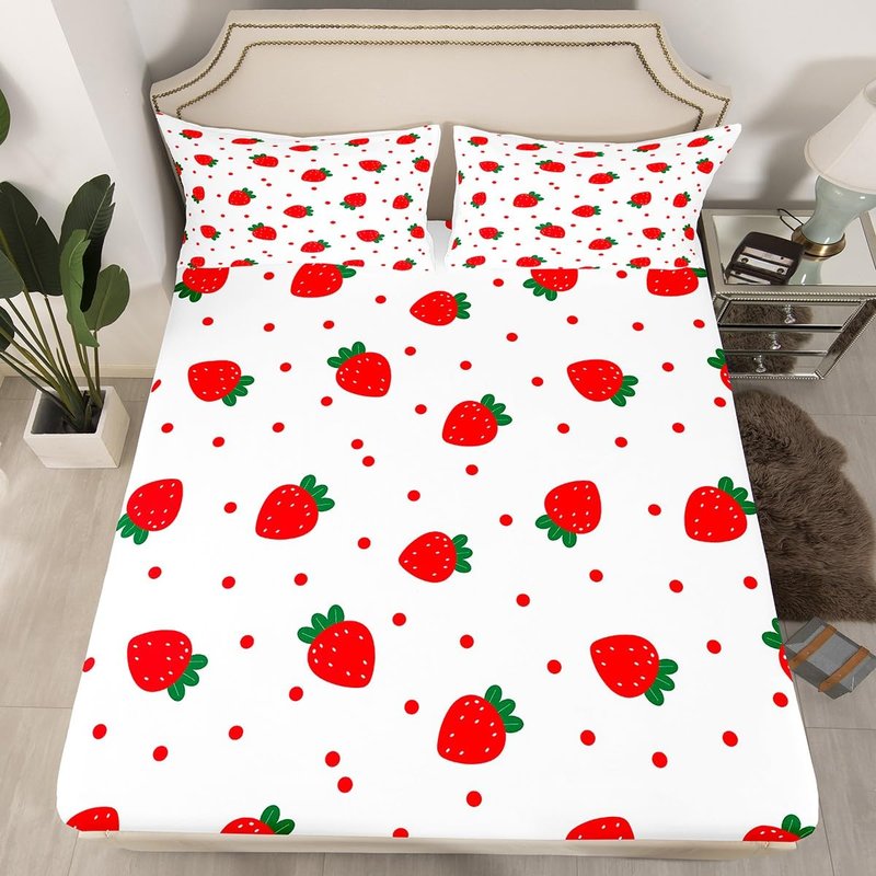 Cute Strawberry Bottom Sheet Full,Red Polka Dot Plants Nature Bedding Set 4pcs for Kids Teens Girls Bedroom Gift,Summer Fruits Sheet Set White Cartoon Fitted Sheet+Flat Sheet+2 Pillowcases