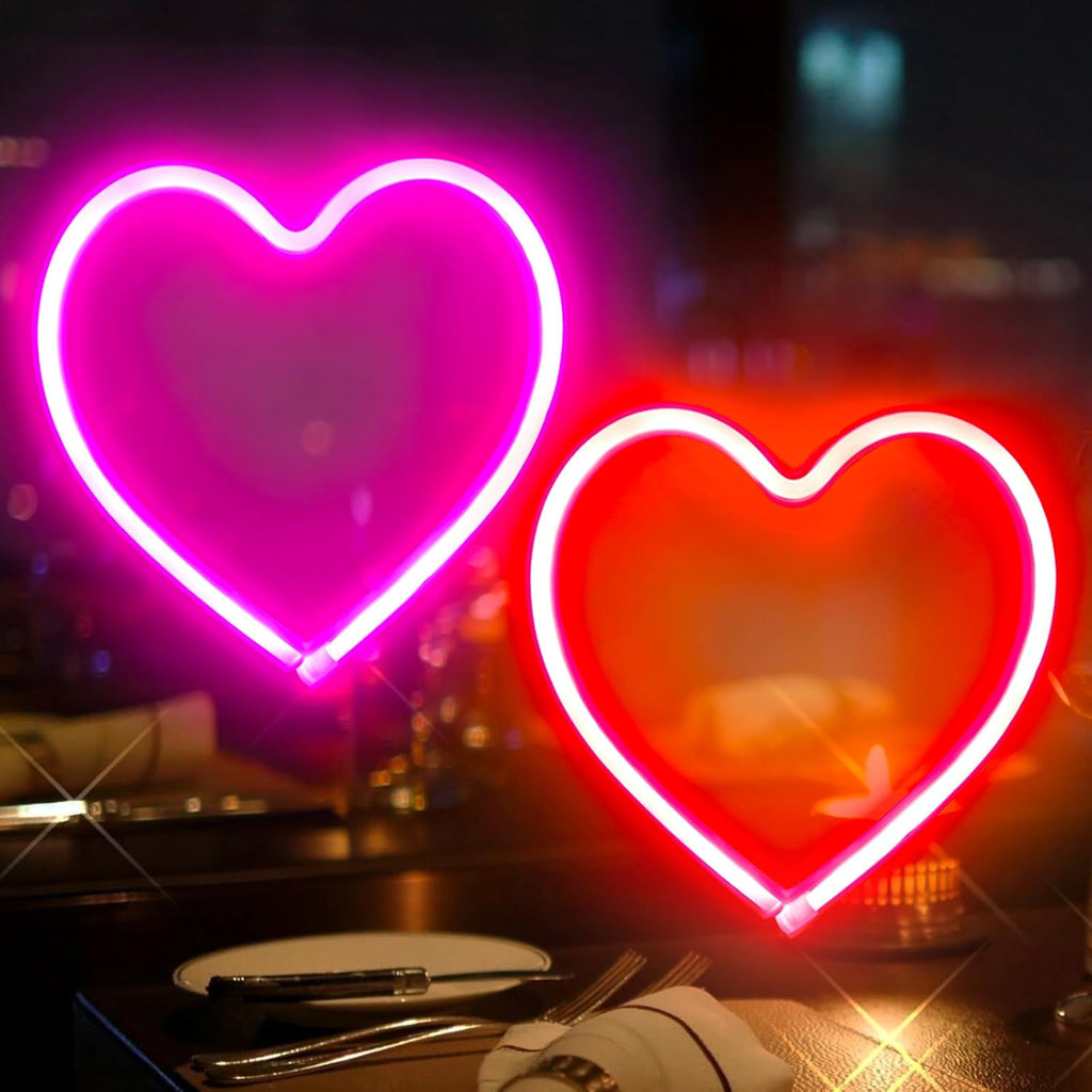 Skiennix 2-Pack Heart Neon Sign - Battery Operated & USB Powered | Perfect for Valentine's Day Decor (Pink & Red)