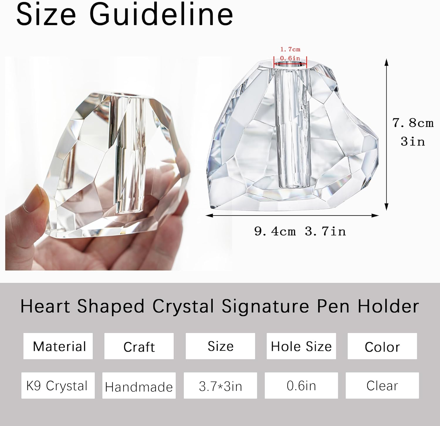 QFkris Crystal Heart Shaped Pen Holder - Elegant Glass Feather Desk Organizer | 3.5" Decorative Stand for Office