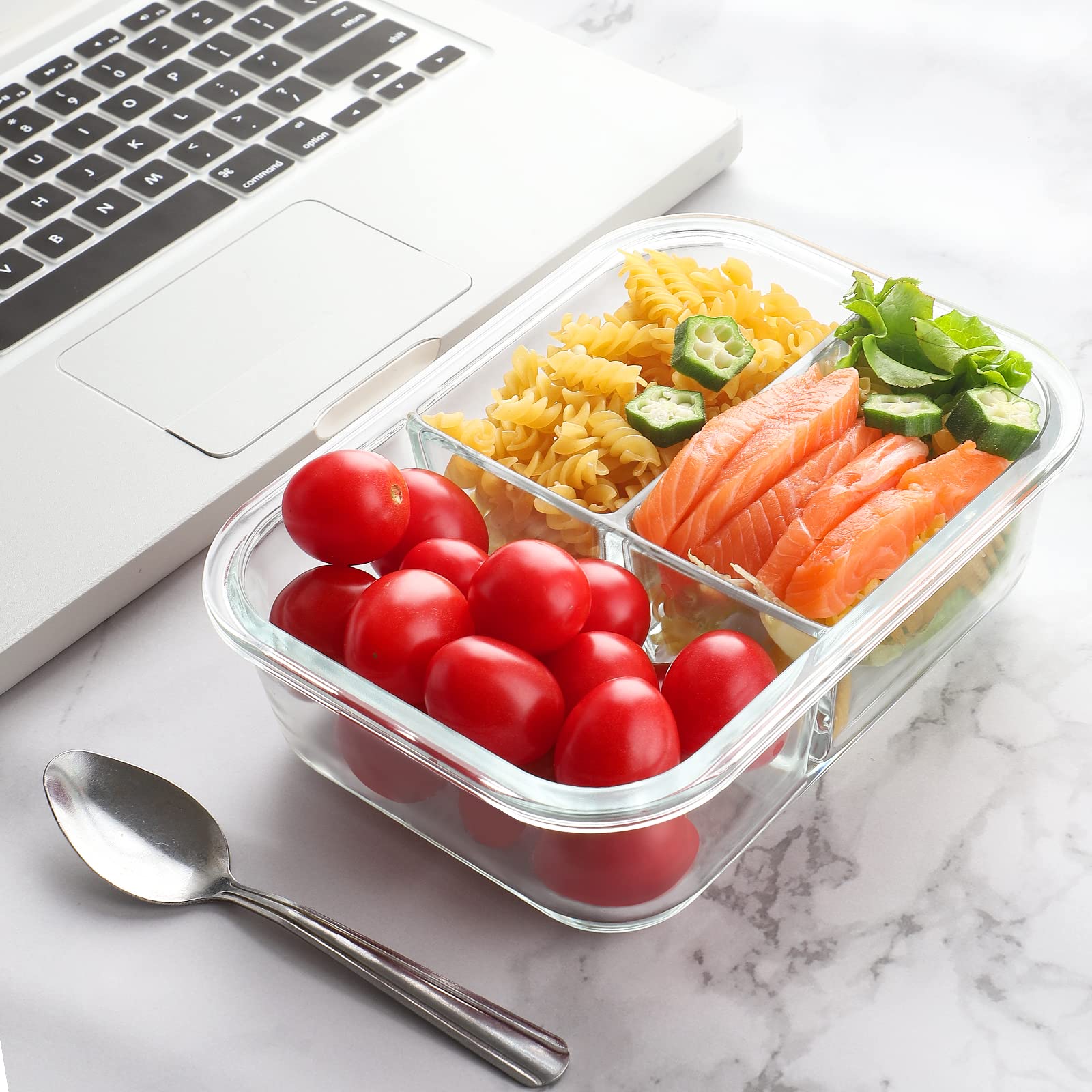 Bayco 9 Pack Glass Meal Prep Containers - 3, 2 & 1 Compartment Glass Food Storage Containers with Lids, Airtight & Leak Proof Lunch Bento Boxes - Grey