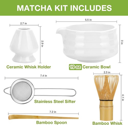 Matcha Whisk Set - Japanese Tea Set with 5 Essential Tools, 19 oz Bowl, Bamboo Whisk & Sifter