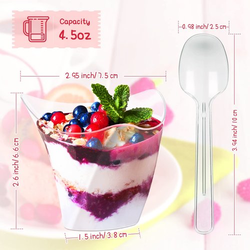 Honeydak 100 Pcs Plastic Dessert Cups without Lids 4.5 oz with Spoons Mini Clear Disposable Trifle Mousse Dessert Cups Triangular Parfait Appetizers Tumbler Pudding Fruit Serve for Party
