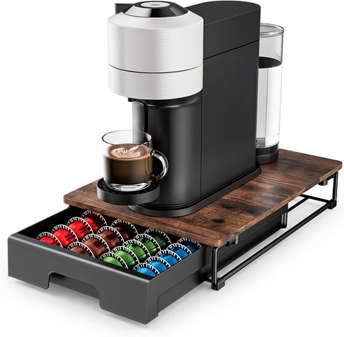 Everie Wooden Coffee Pod Storage Drawer - Large Capacity Organizer for Nespresso VertuoLine, Rustic Brown