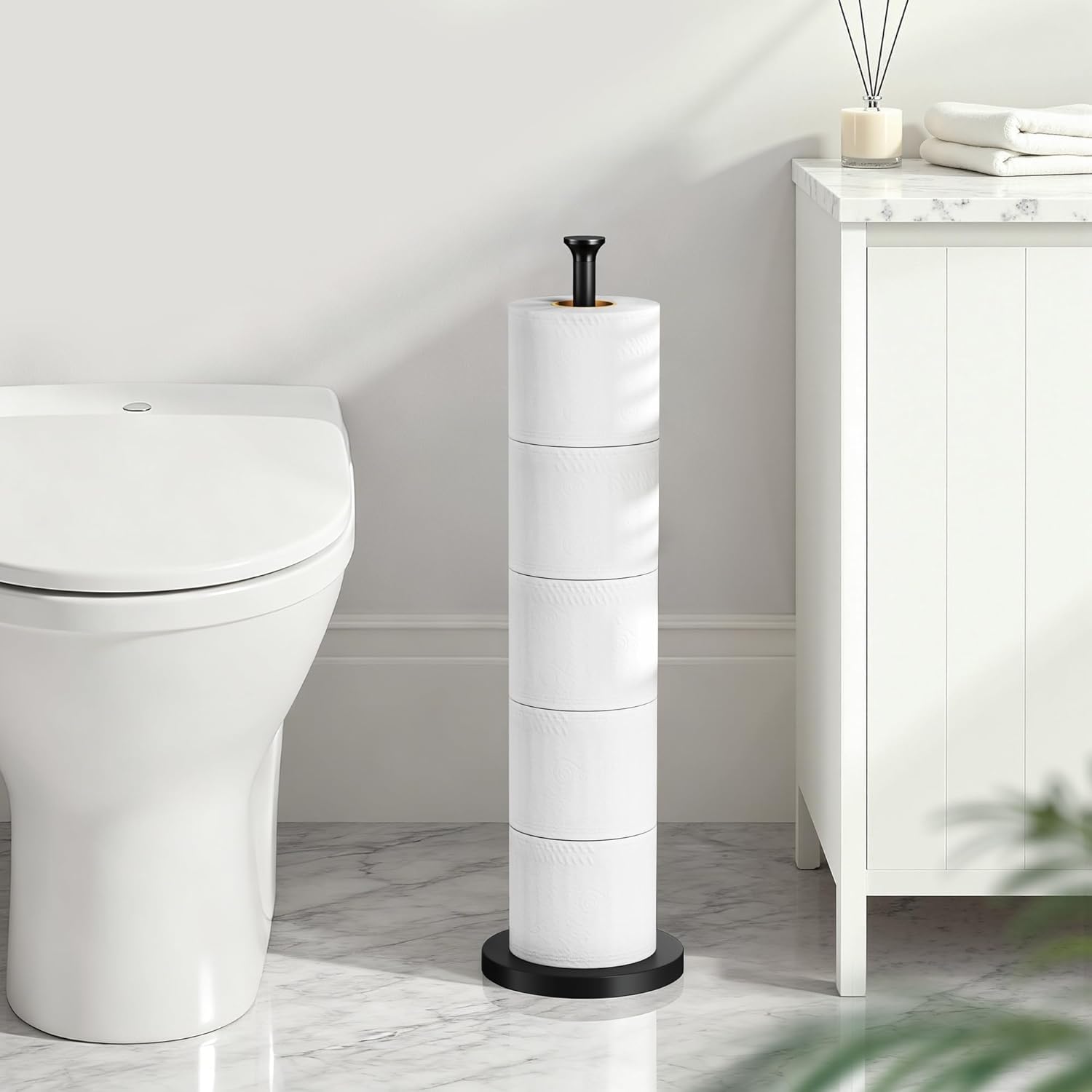 Skiennix Toilet Paper Holder Stand - Modern Free-Standing Spare Roll Storage in Stainless Steel