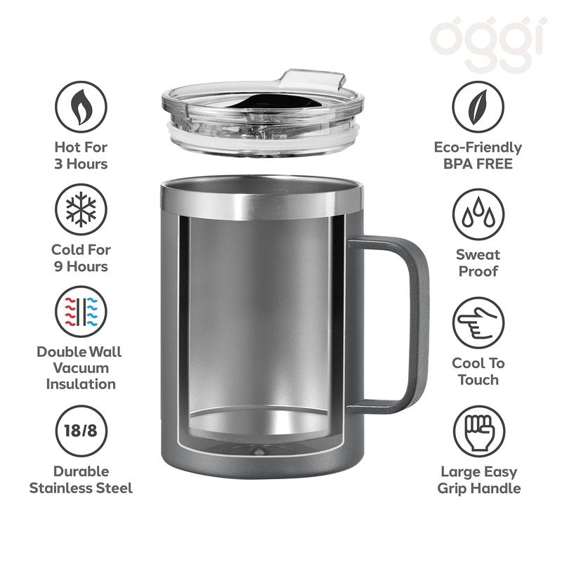 Oggi ThermoMug Stainless Steel Insulated Mug- Double Wall Vacuum Insulated w/Handle & Lid, Coffee Cup, Camping Mug, Travel Thermos, 14oz(420ml), Daisy