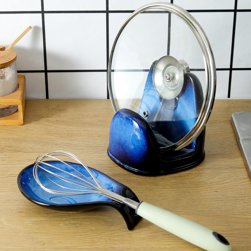Nihow Pot Lid Holder and Spoon Rest for Kitchen Counter/Stove Top While Cooking - Heat Resistant & Dishwasher Safe - Elegant Black & Blue Sets